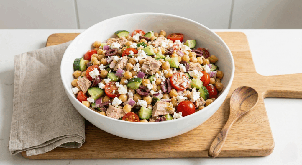 A large white ceramic serving bowl filled with abundant, colorful Tuna and Chickpea Greek Salad with feta, tomatoes, and cucumbers, next to a linen napkin and wooden spoon.