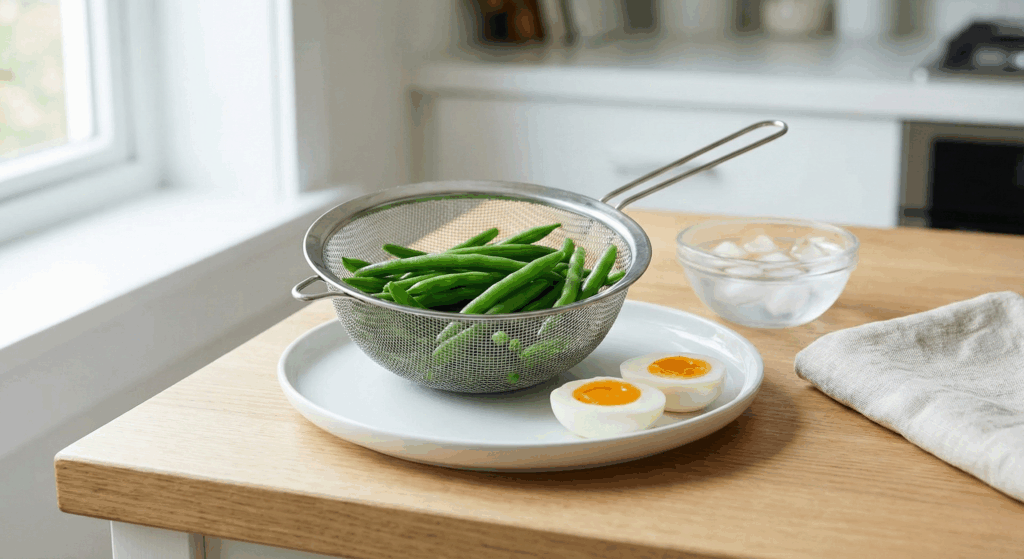 A wire mesh strainer holding freshly blanched green beans sits next to a plate with two halved jammy boiled eggs on a wooden kitchen counter.
