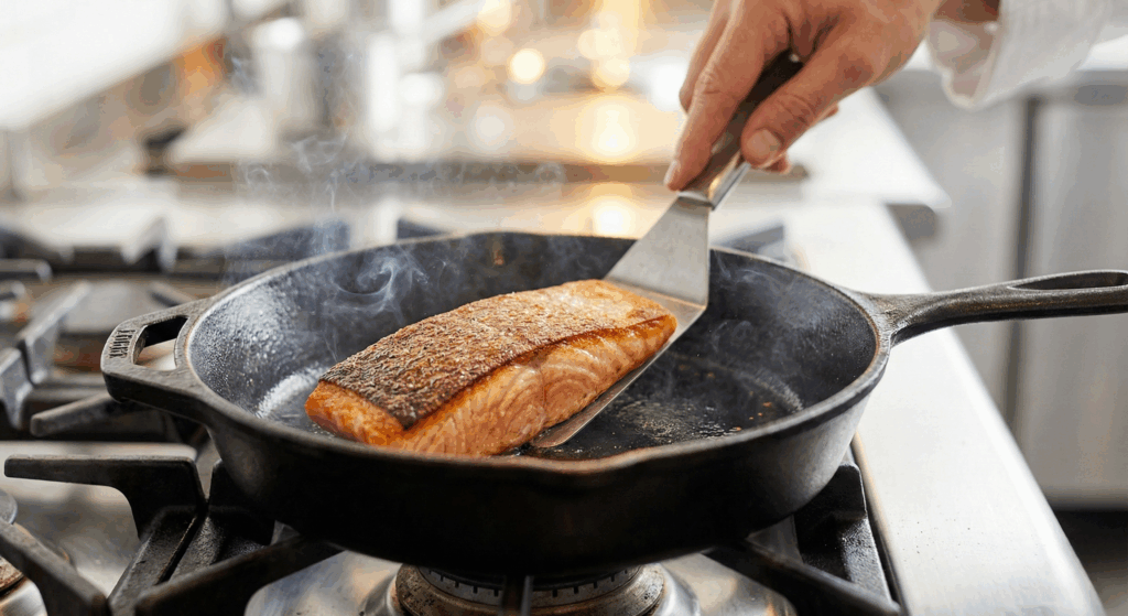 A close-up of a hand using a metal spatula to gently press a salmon fillet searing skin-side down in a hot cast-iron skillet on a gas stove.