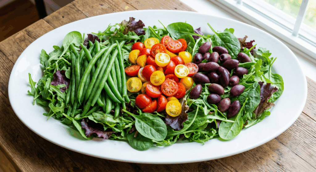 An overhead view of a large white platter showing the initial salad layers: a bed of mixed greens topped with arranged sections of green beans, halved cherry tomatoes, and Kalamata olives.