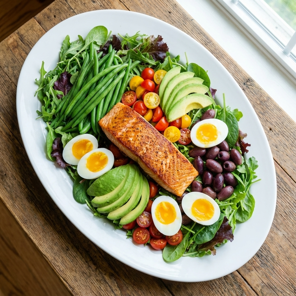 Overhead shot of the fully assembled salad on the platter before dressing, featuring a central seared salmon fillet, fanned slices of avocado, and halved jammy eggs arranged over the base ingredients.