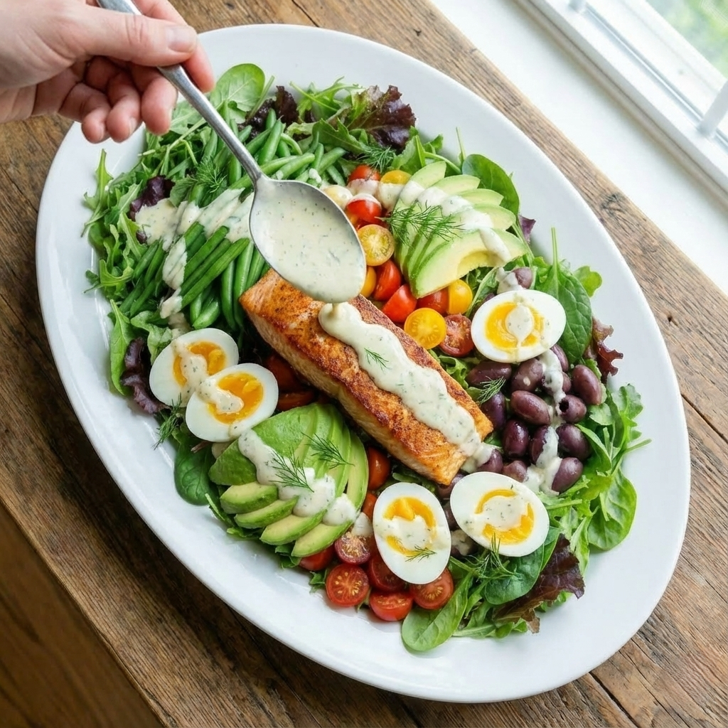 A close-up view of a hand holding a spoon, drizzling the thick, creamy lemon-dill dressing over the salmon and avocado on the salad platter.