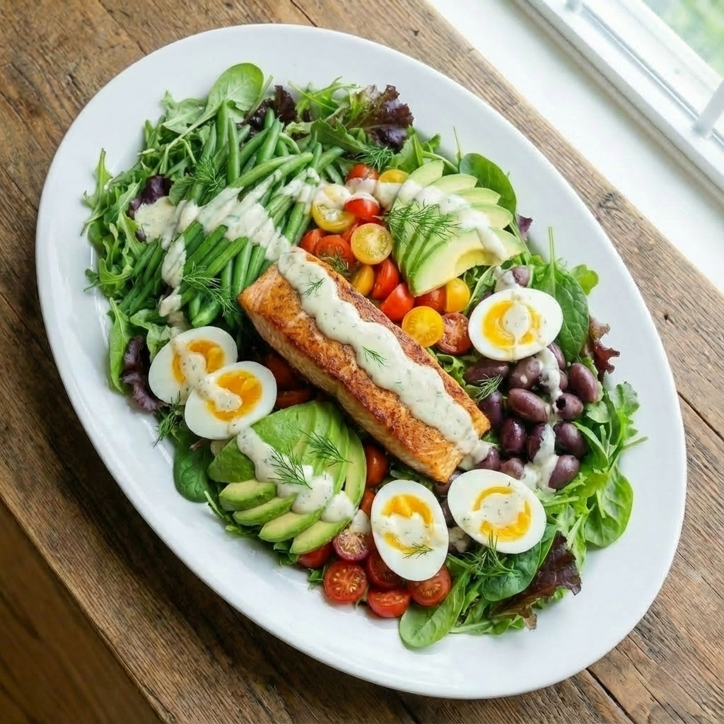 The finished Creamy Avocado & Salmon "Niçoise-Style" Salad on the white platter, generously drizzled with dressing and garnished with fresh dill sprigs.
