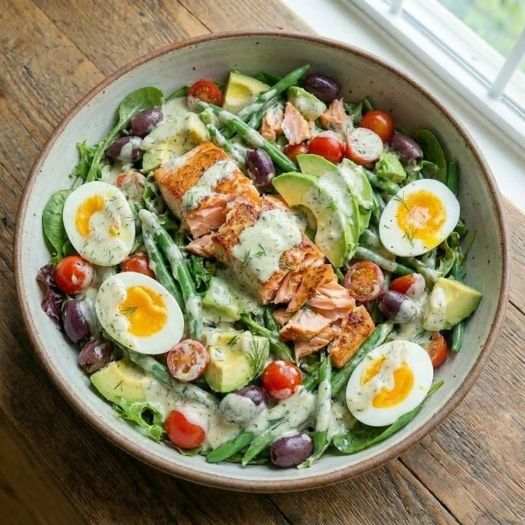 An overhead view of the complete salad tossed together in a large rustic ceramic bowl, thoroughly coated in the creamy dressing.