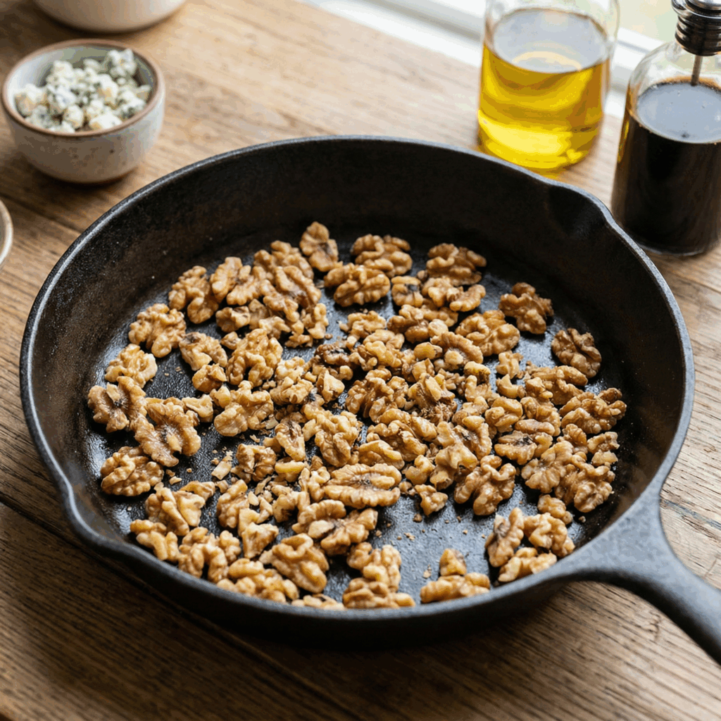 Chopped walnuts toasting in a dry cast iron skillet on a rustic wooden counter, with a small bowl of blue cheese and bottles of oil and vinegar blurred in the background.