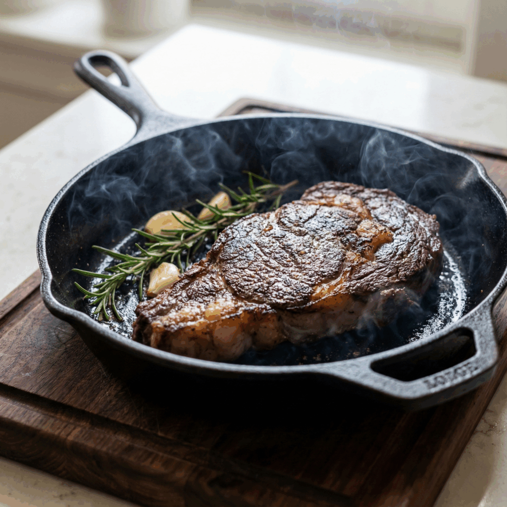 A thick-cut ribeye steak searing in a smoking hot cast iron skillet with fresh rosemary sprigs and garlic cloves, developing a dark crust.