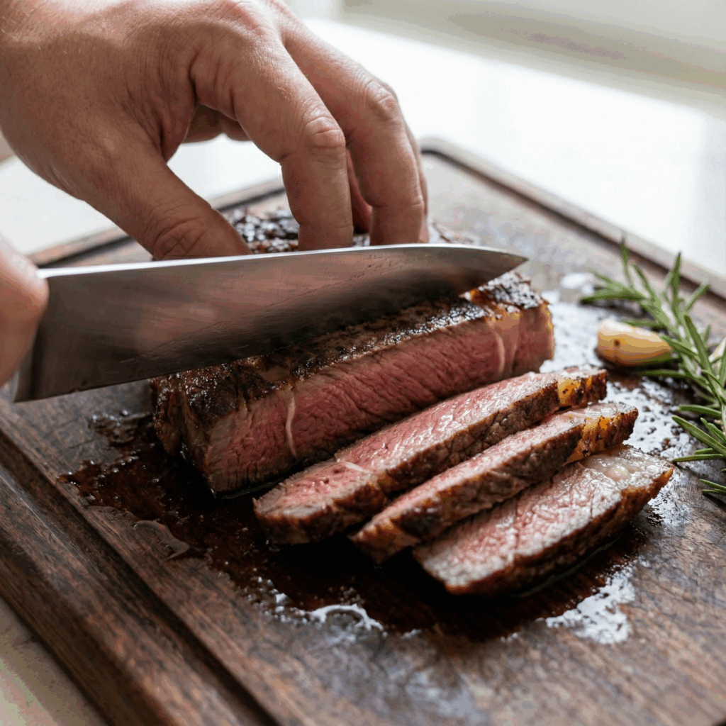 A close-up view of a chef's hand using a sharp knife to slice a perfectly cooked medium-rare steak against the grain on a dark wooden cutting board.