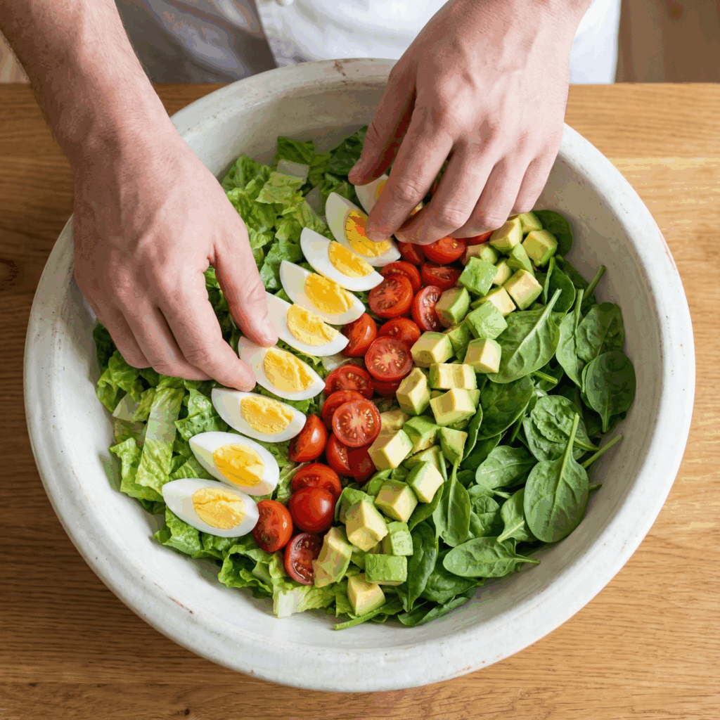 Overhead view of hands arranging neat rows of hard-boiled eggs, halved cherry tomatoes, and diced avocado over a bed of romaine and spinach in a large rustic ceramic bowl.