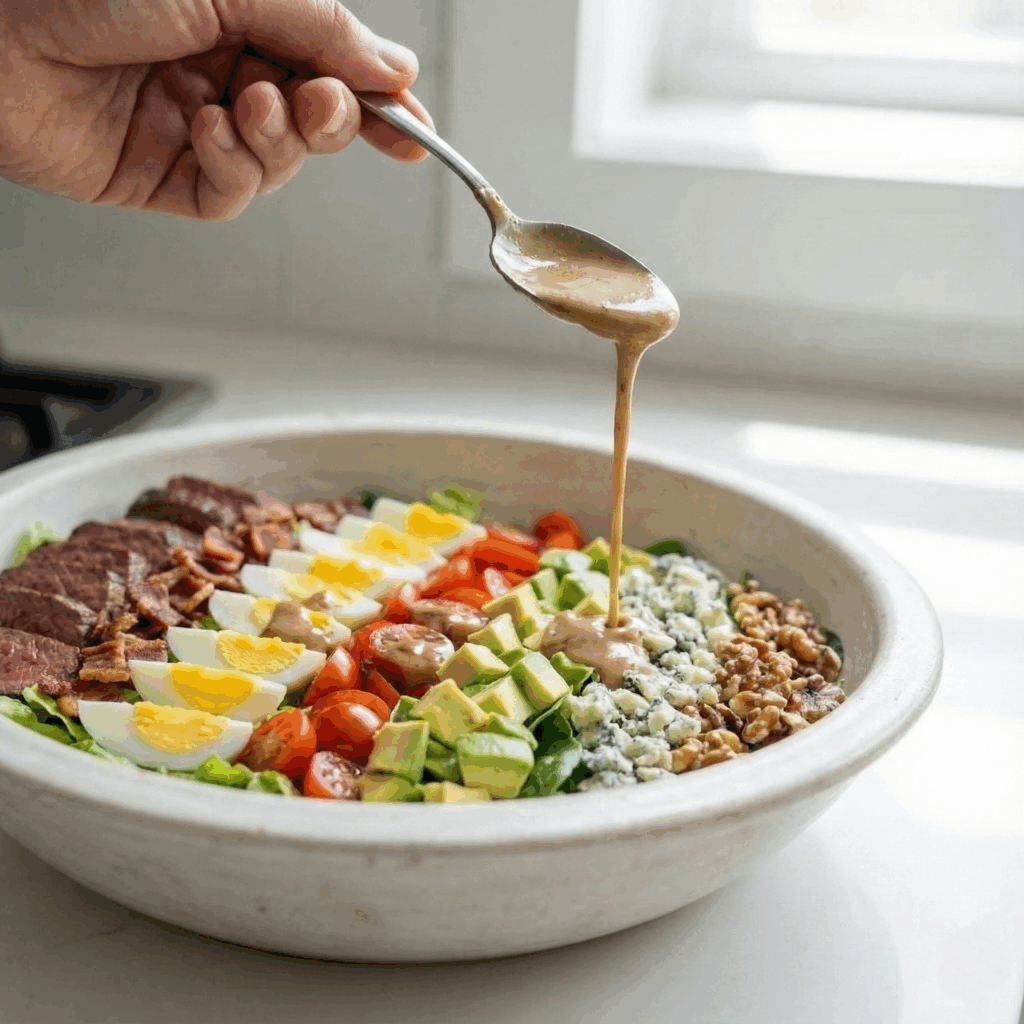 A dynamic shot of a hand pouring a stream of creamy balsamic dressing from a spoon over the assembled Steakhouse Cobb Salad ingredients in a bowl.