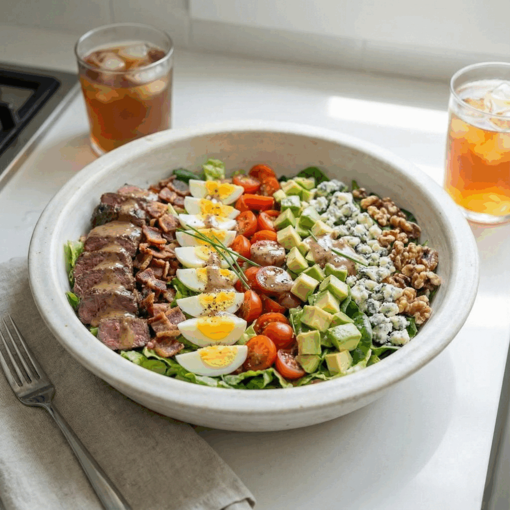 The finished Steakhouse Cobb Salad, drizzled with dressing and garnished with chives, served in a rustic bowl on a white countertop next to a fork, napkin, and glasses of iced tea.