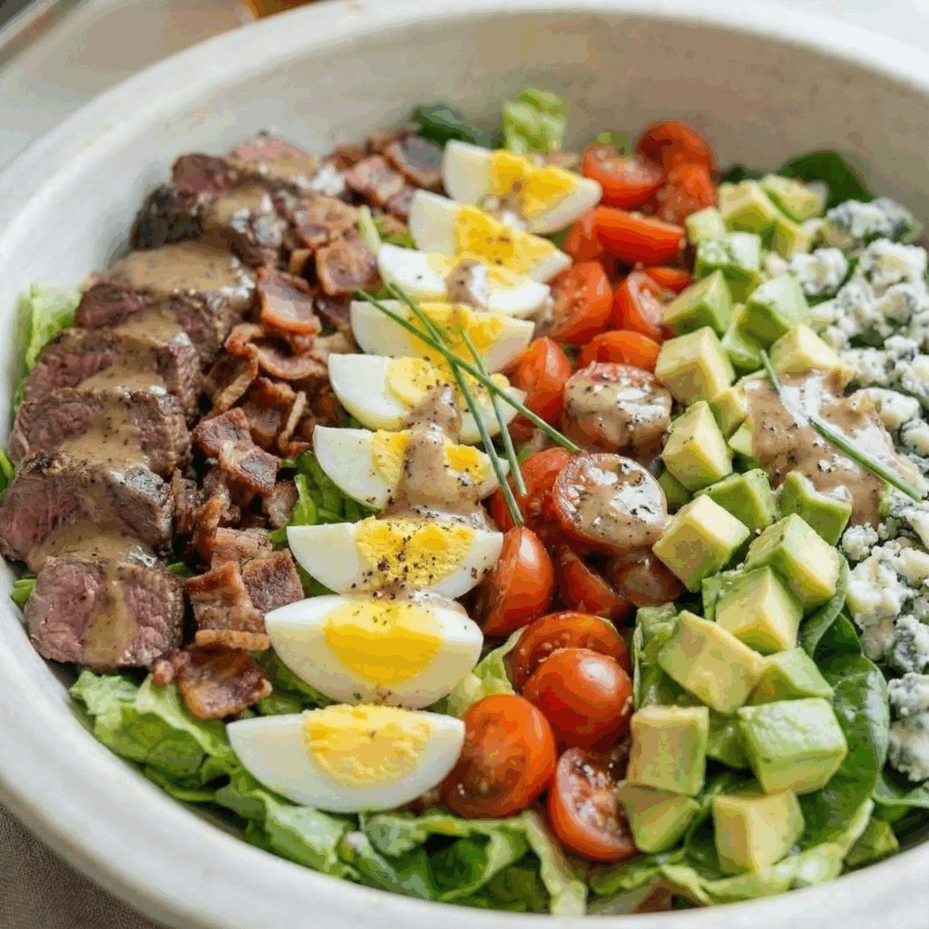 A close-up hero shot of a fully assembled Steakhouse Cobb Salad in a ceramic bowl, showing distinct rows of sliced steak drizzled with creamy dressing, hard-boiled eggs, cherry tomatoes, diced avocado, blue cheese crumbles, and bacon.