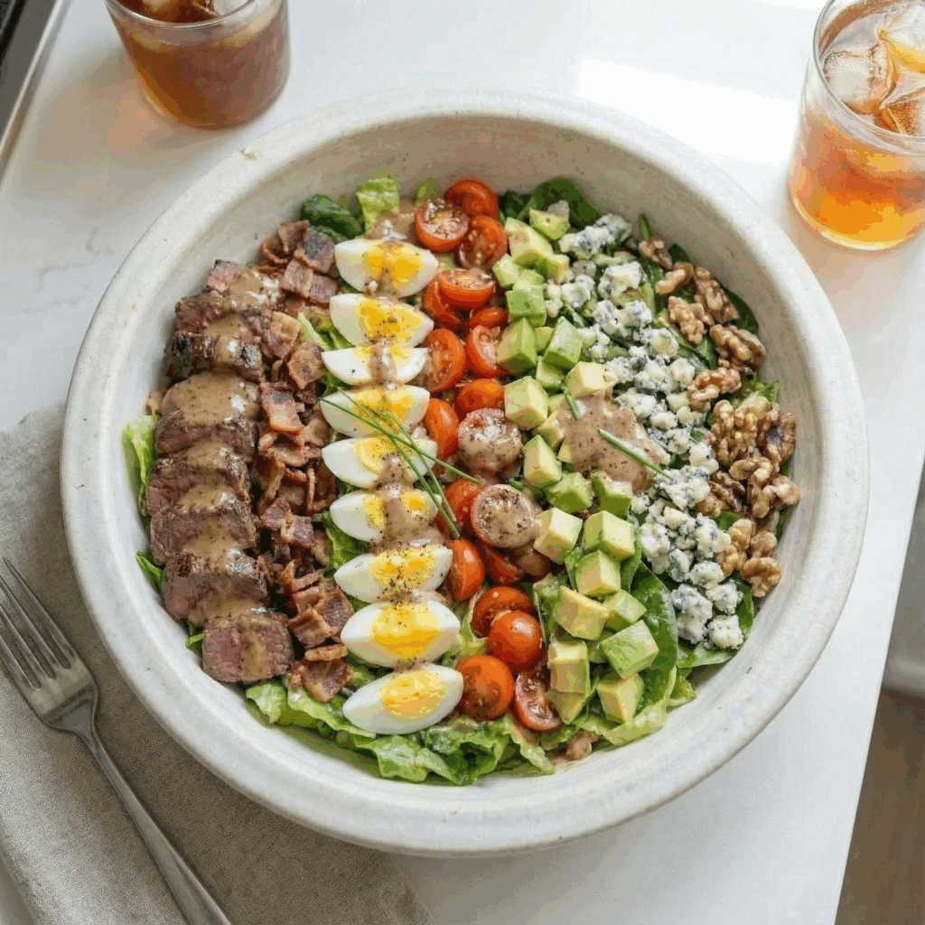 An overhead view of a composed Steakhouse Cobb Salad in a rustic bowl, with ingredients arranged in neat rows including steak, eggs, avocado, tomatoes, blue cheese, and walnuts, generously drizzled with a creamy balsamic dressing.