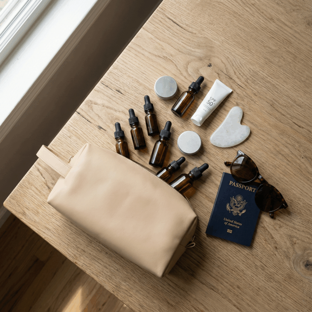 Flatlay of organized travel skincare essentials on a wooden table, featuring a beige minimalist toiletry bag, travel-sized amber glass bottles, a white jade gua sha tool, and a passport.