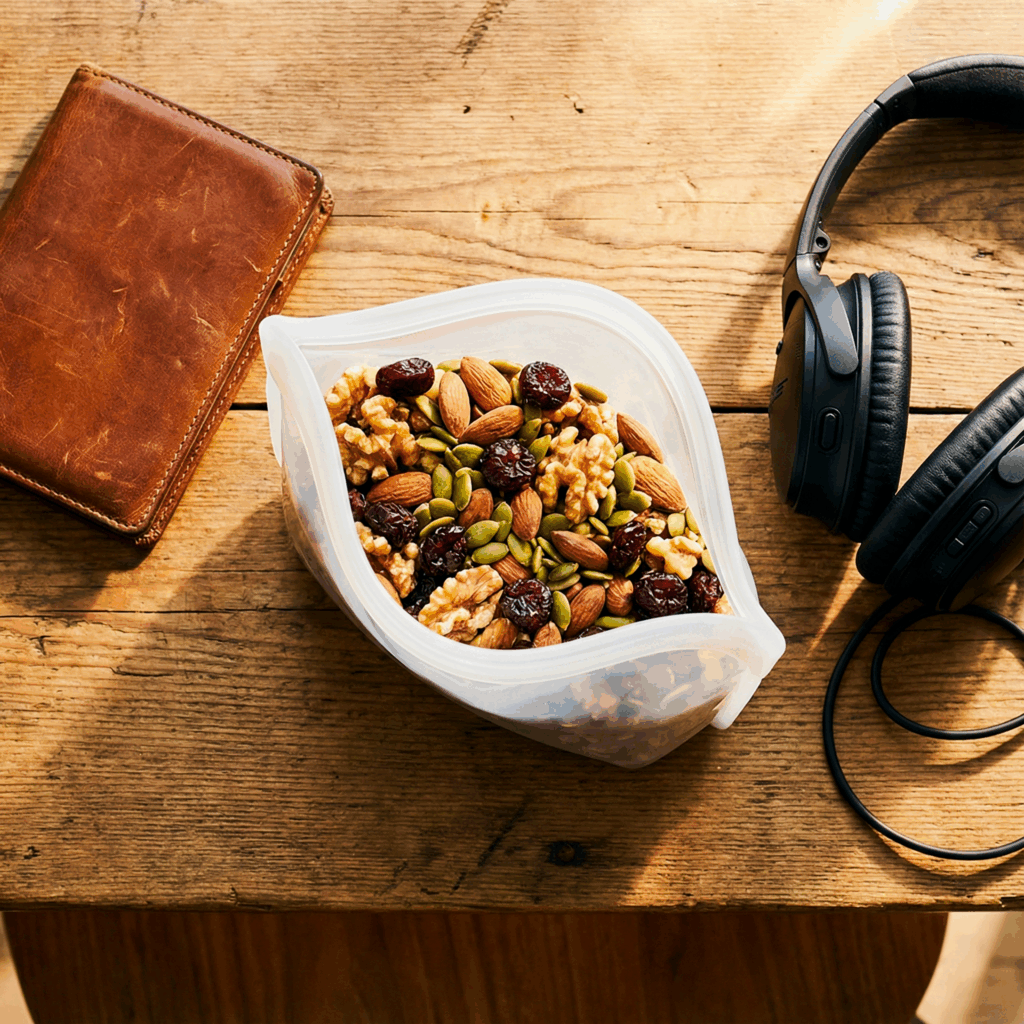 Flat lay of a reusable silicone bag filled with healthy homemade trail mix featuring almonds, walnuts, and dried cherries, sitting on a wooden table next to a leather passport holder and noise-canceling headphones for long-haul flight preparation.