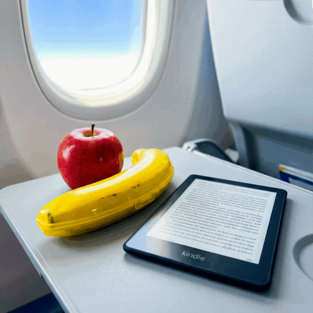 A fresh red apple and a banana in a protective yellow case resting on an airplane tray table next to a Kindle e-reader, illustrating hydrating and healthy snack options for flying.