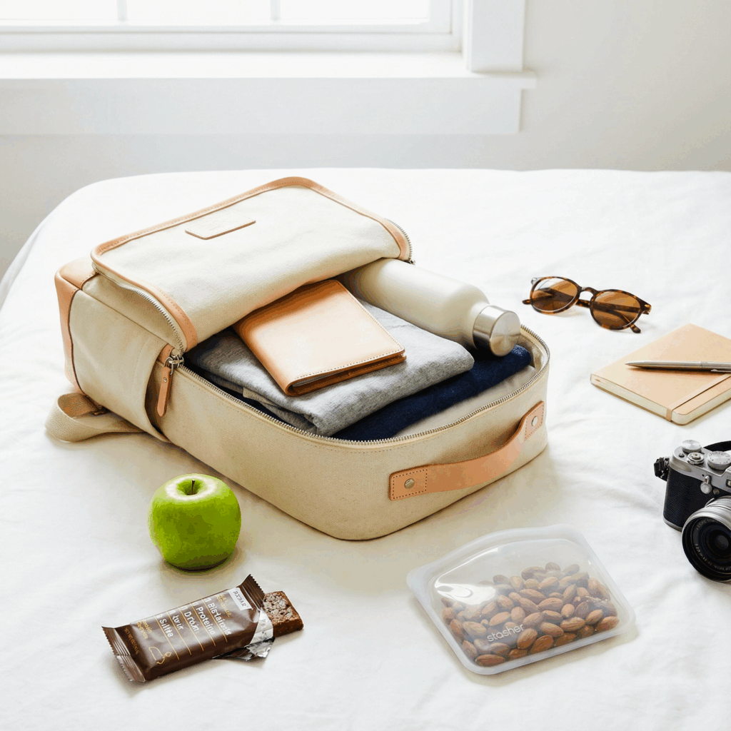 Aesthetic travel packing flat lay on a white surface featuring a carry-on bag, reusable water bottle, and healthy snacks like a green apple, almonds, and a protein bar for a long flight.