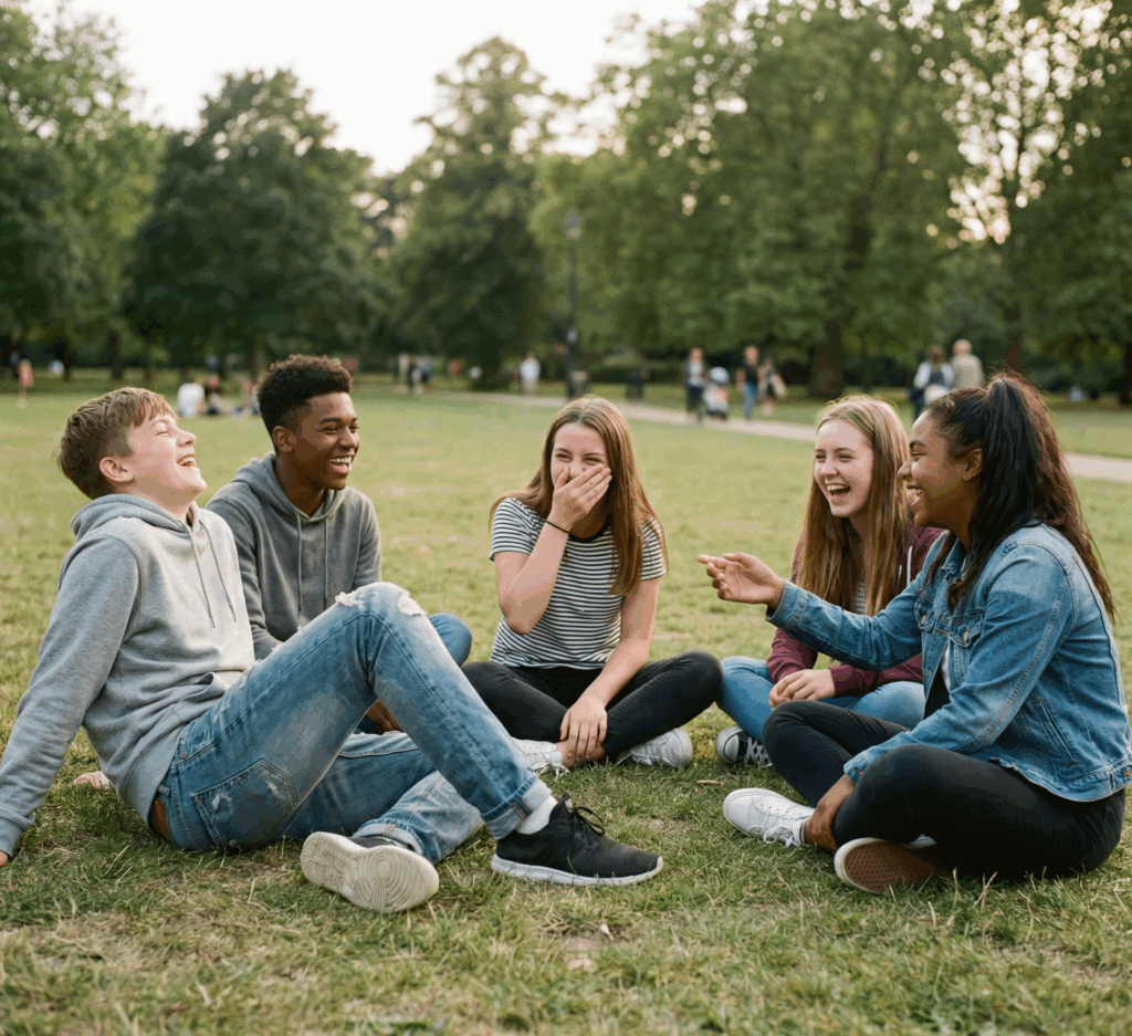 Diverse group of happy teenagers laughing together in a park, representing teen body positivity and authentic friendship without filters.