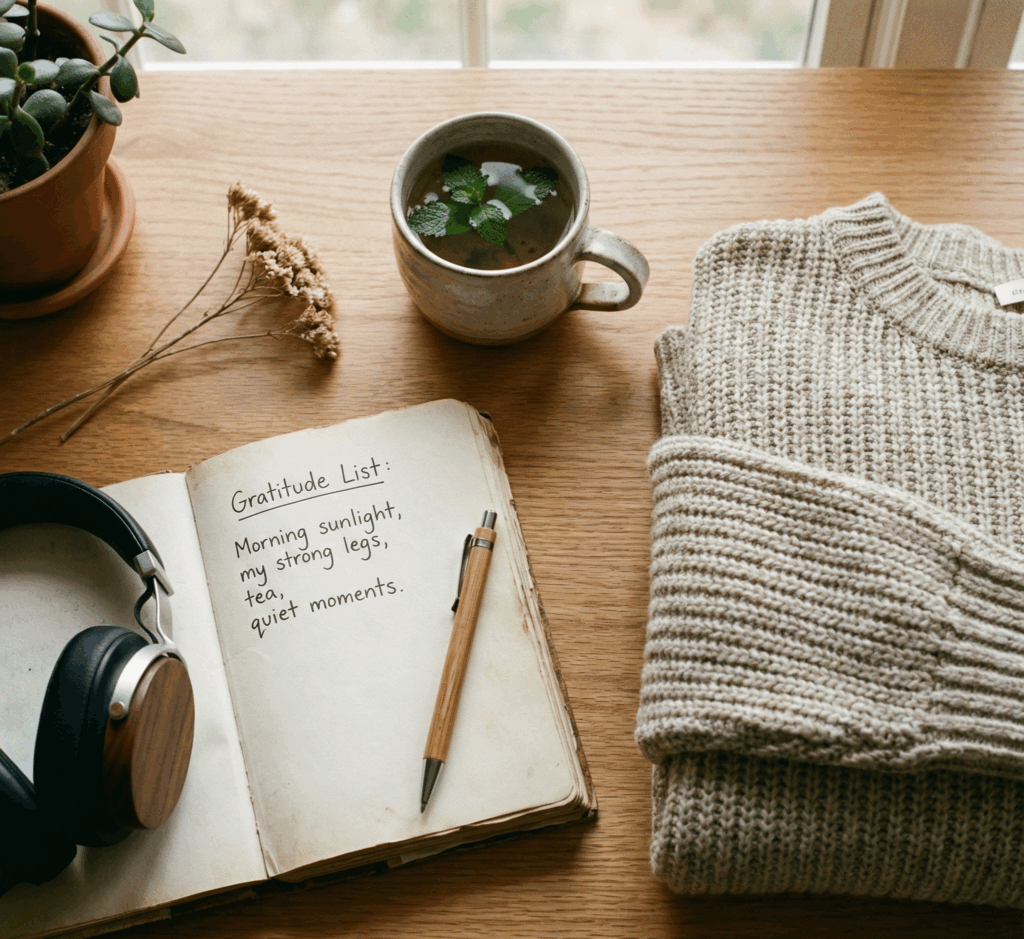 Aesthetic flat lay on wooden desk with gratitude journal, herbal tea, and cozy sweater for teen mental health and self-care routines.