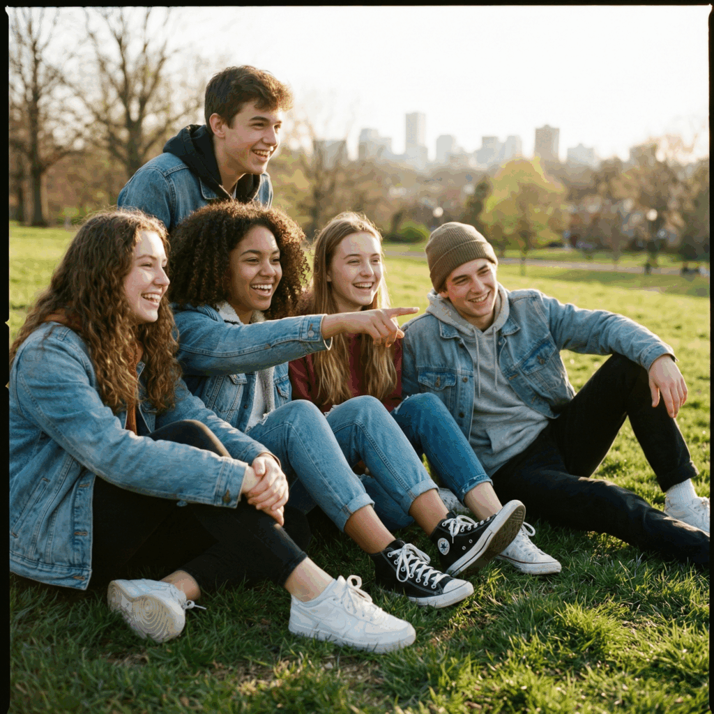 Confident teenage boys and girl smiling naturally outdoors, practicing self-acceptance and feeling comfortable in their own skin.