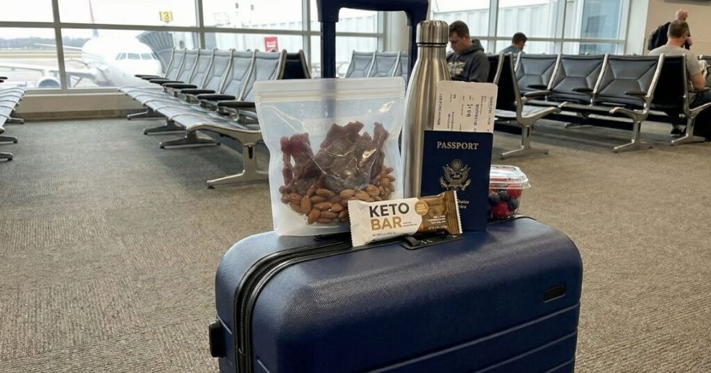 Carry-on suitcase at airport gate topped with healthy travel snacks, water bottle, and passport for a low carb trip.