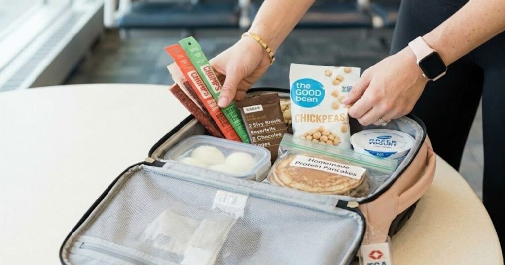 An open carry-on bag being packed with TSA-approved high-protein snacks, including Chomps beef sticks, The Good Bean roasted chickpeas, hard-boiled eggs, Greek yogurt, and homemade protein pancakes.