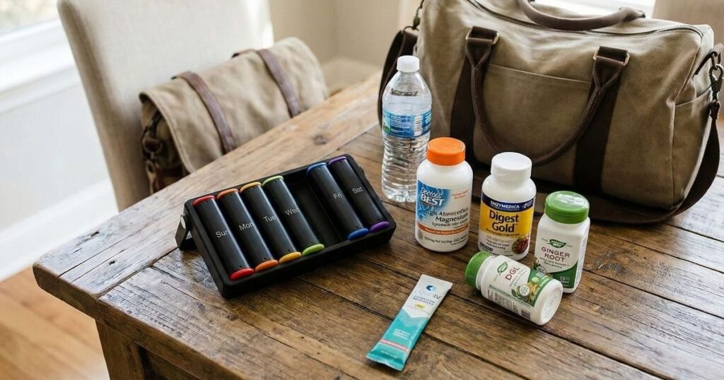 Travel bloat supplement kit displaying weekly pill organizer, Enzymedica Digest Gold, Doctor's Best Magnesium, and carry-on bag on a wooden dining table