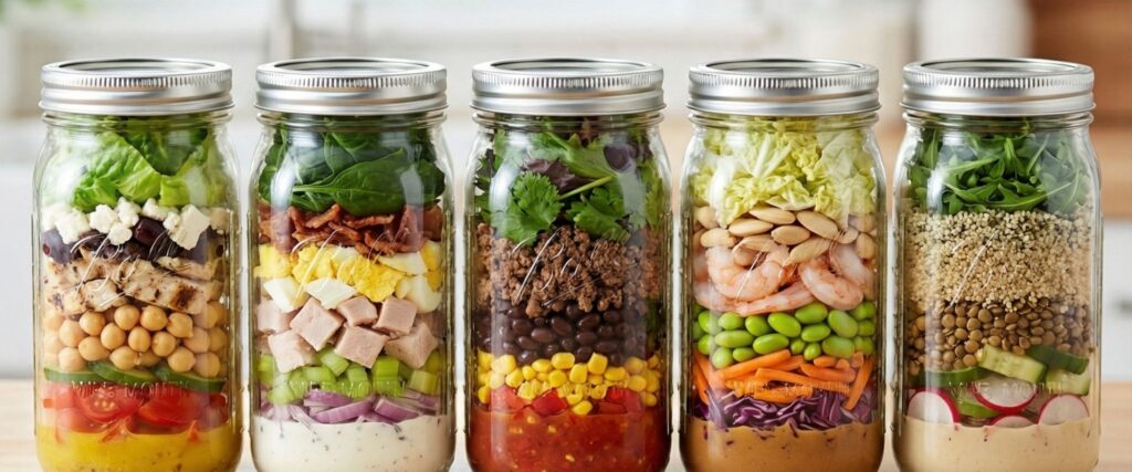 Five colorful high-protein mason jar salads lined up with lids closed, showcasing organized weekly meal prep for healthy work lunches.