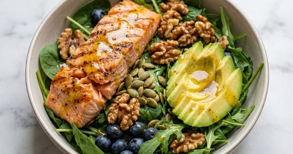 Top-down view of a High-Protein Glow-Up Salad bowl featuring grilled salmon, sliced avocado, walnuts, pumpkin seeds, blueberries, and sauerkraut on a bed of greens for clear skin and gut health.