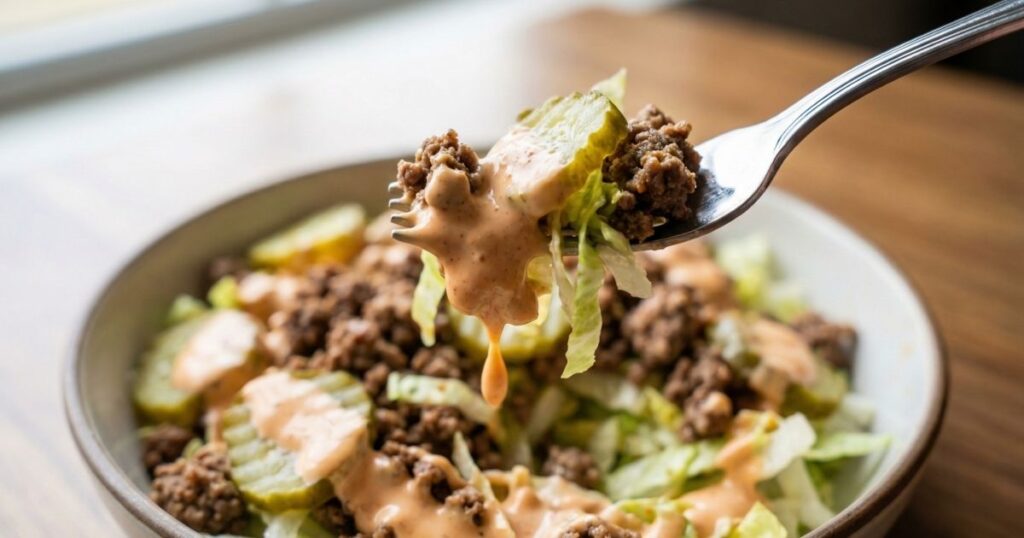 Close-up macro shot of a silver fork lifting a generous bite of Low-Carb Big Mac Salad, showing seasoned ground beef, pickles, and creamy special sauce dripping, with the full salad bowl visible in the background.