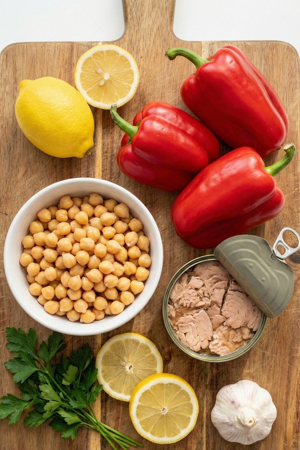 Ingredients for high protein tuna chickpea salad meal prep