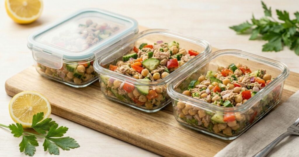 Finished high protein lunch prep bowls filled with tuna, chickpeas, and fresh vegetables lined up on a kitchen counter, ready to eat.
