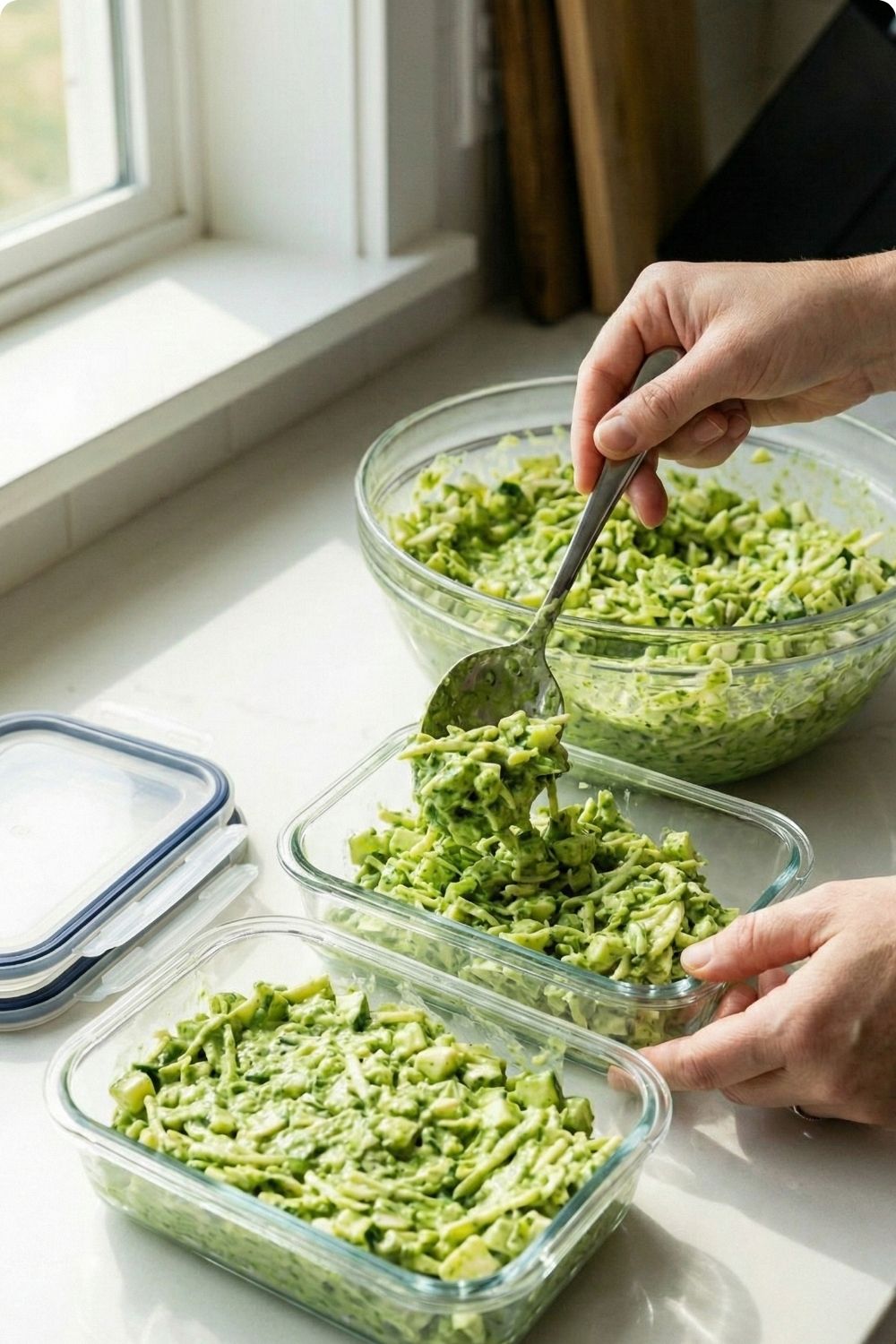 Hands tossing a large bowl of green goddess salad with one spoon into the meal prep containers