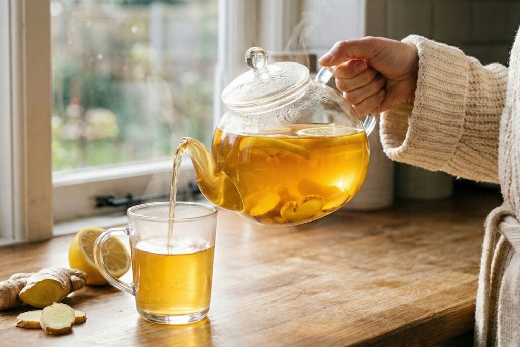 Woman pouring warm lemon, ginger, and turmeric water from a clear glass teapot into a mug to aid digestion and reduce inflammation.