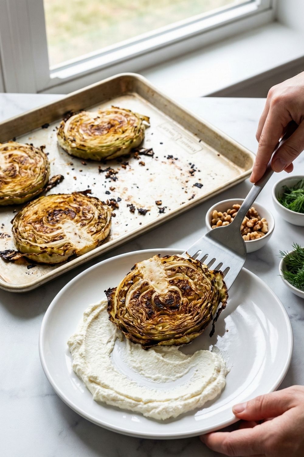 Sheet pan of roasted cabbage steaks with one steak removed, showing the golden char and serving process for a keto vegetarian dinner