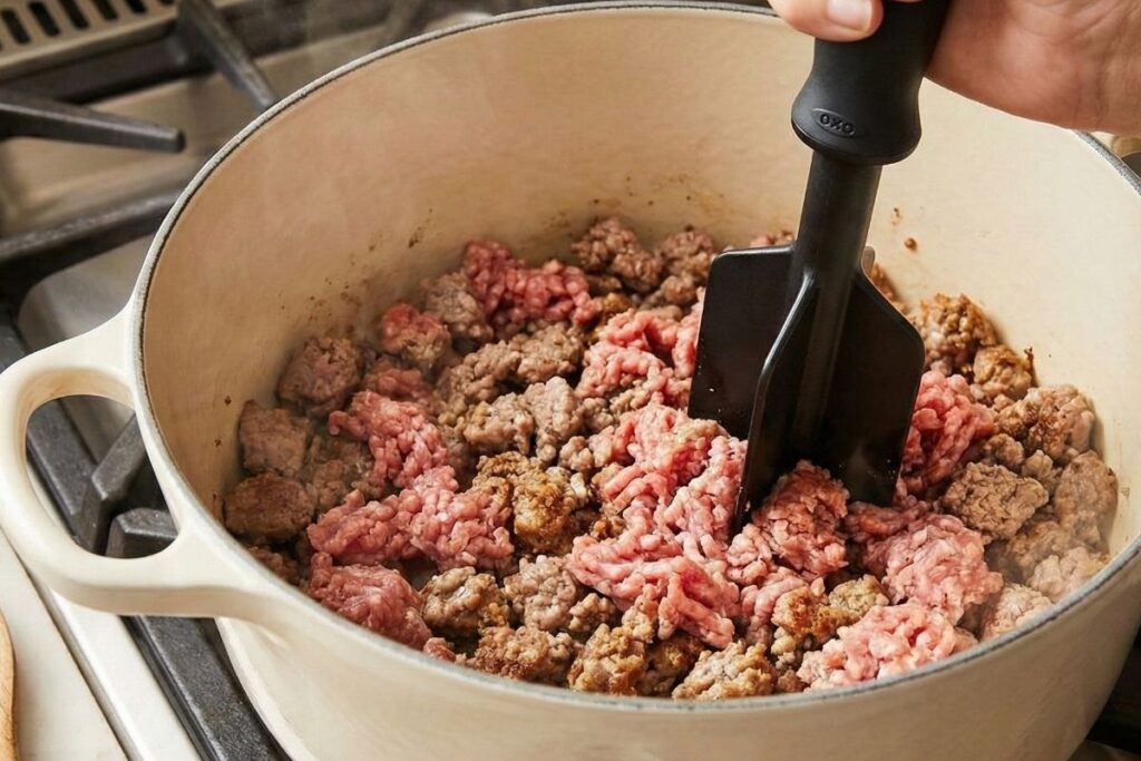Browning ground Italian sausage in a Le Creuset Dutch oven, using a black OXO meat chopper to break up the meat for a keto-friendly soup base