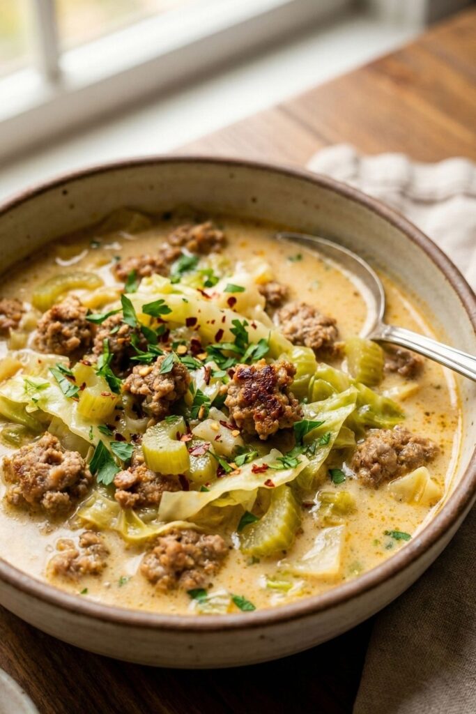 Vertical close-up of a warm bowl of Creamy Sausage & Cabbage Soup, garnished with fresh parsley, perfect for a low-carb and gut-healthy dinner