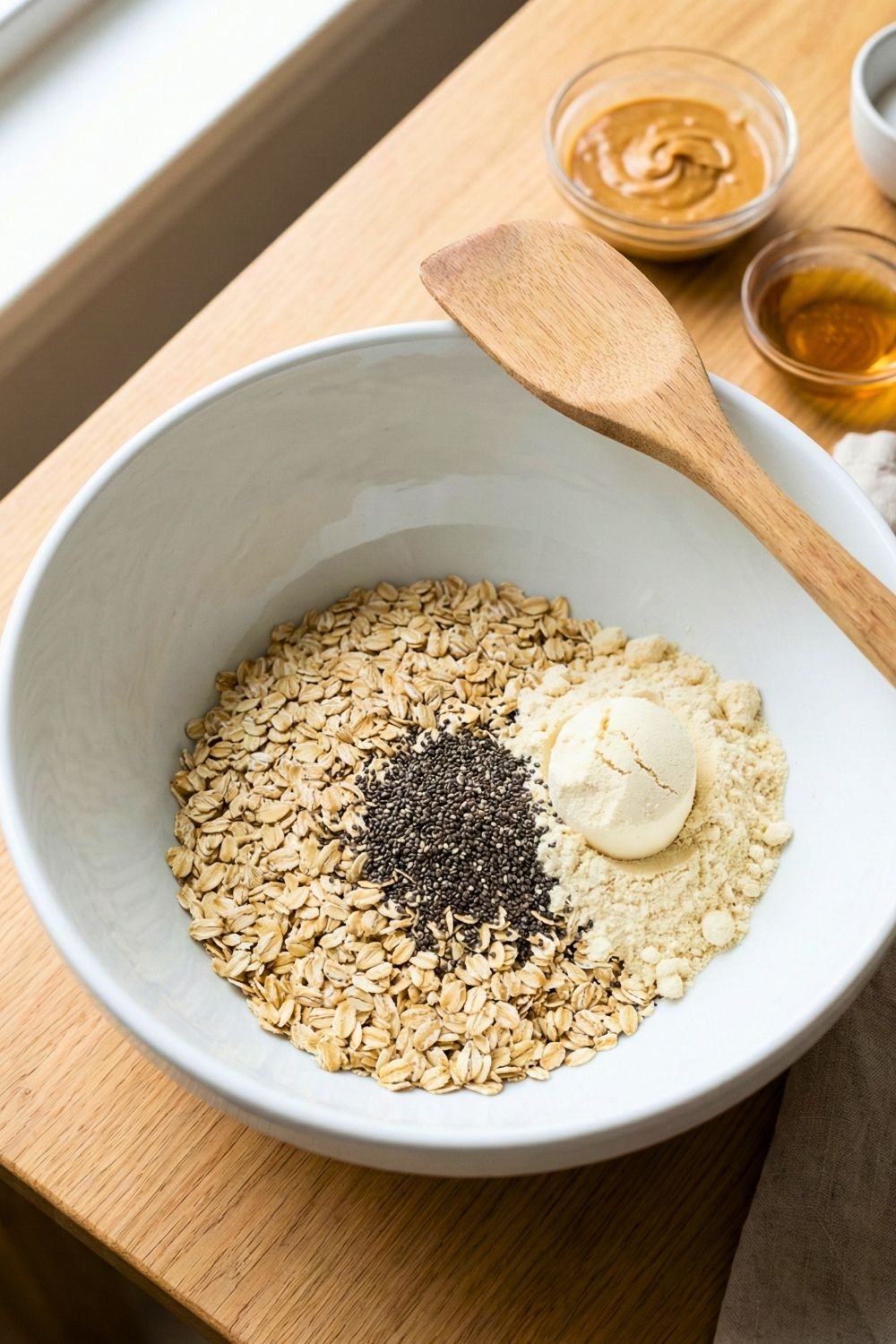 Overhead view of a white ceramic mixing bowl filled with rolled oats, chia seeds, and a scoop of vanilla protein powder on a wooden table, ready to make no-bake energy balls.