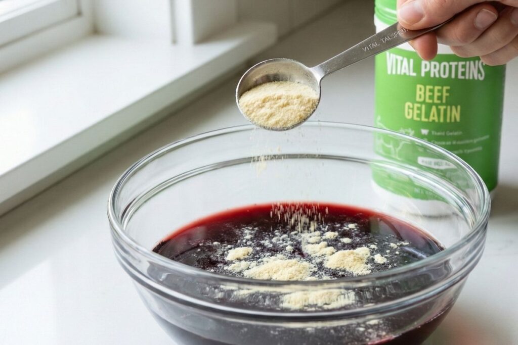 Hand sprinkling grass-fed beef gelatin powder over a glass bowl of cold tart cherry juice to bloom the gelatin without clumps.