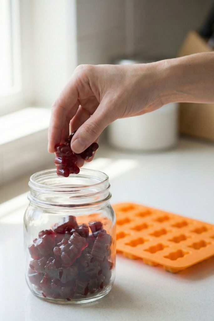 Placing finished sugar-free tart cherry sleep gummies into a glass storage jar for weekly meal prep.