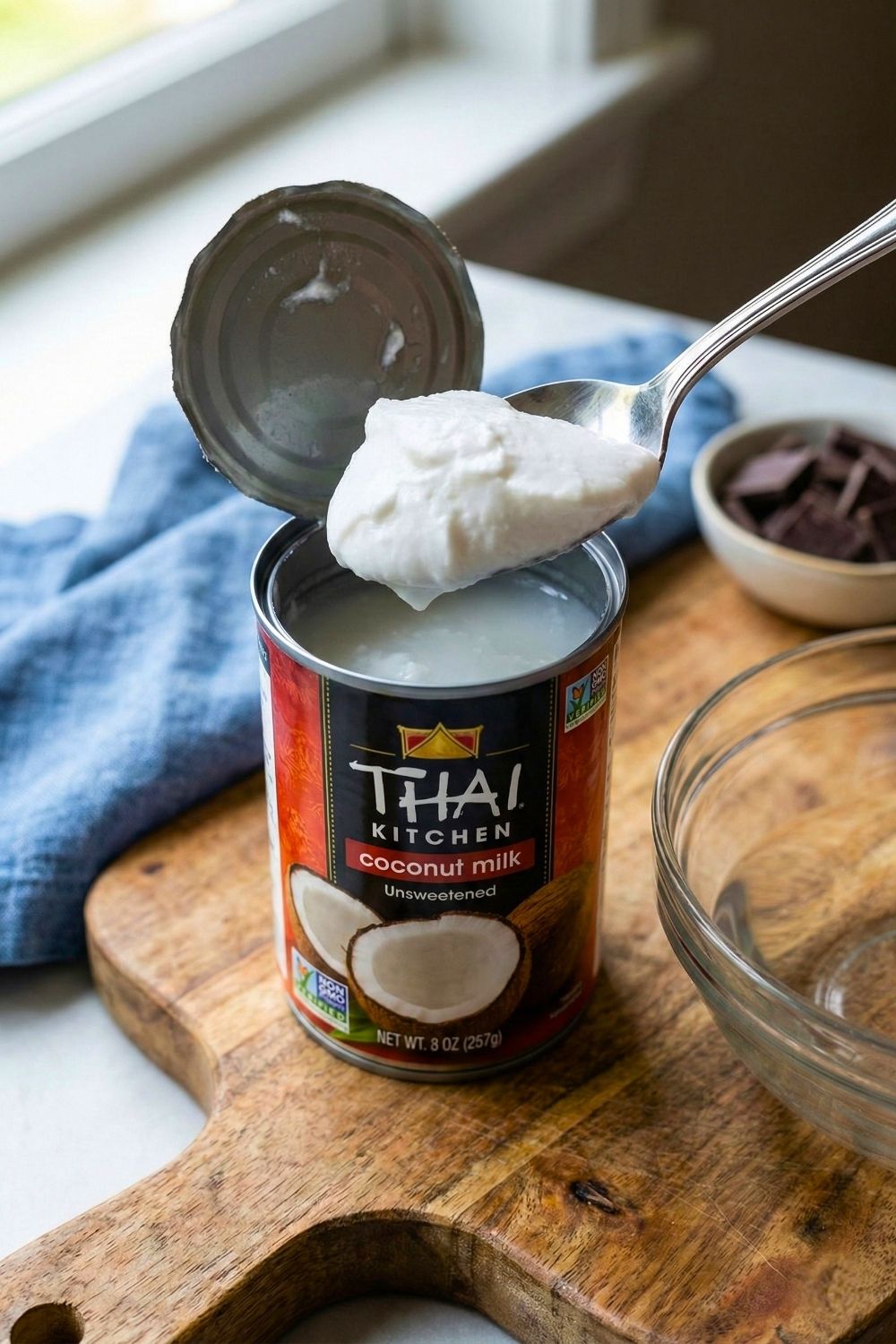 Silver spoon lifting thick, solidified white coconut cream from an open can of Thai Kitchen coconut milk, separating it from the clear liquid below.
