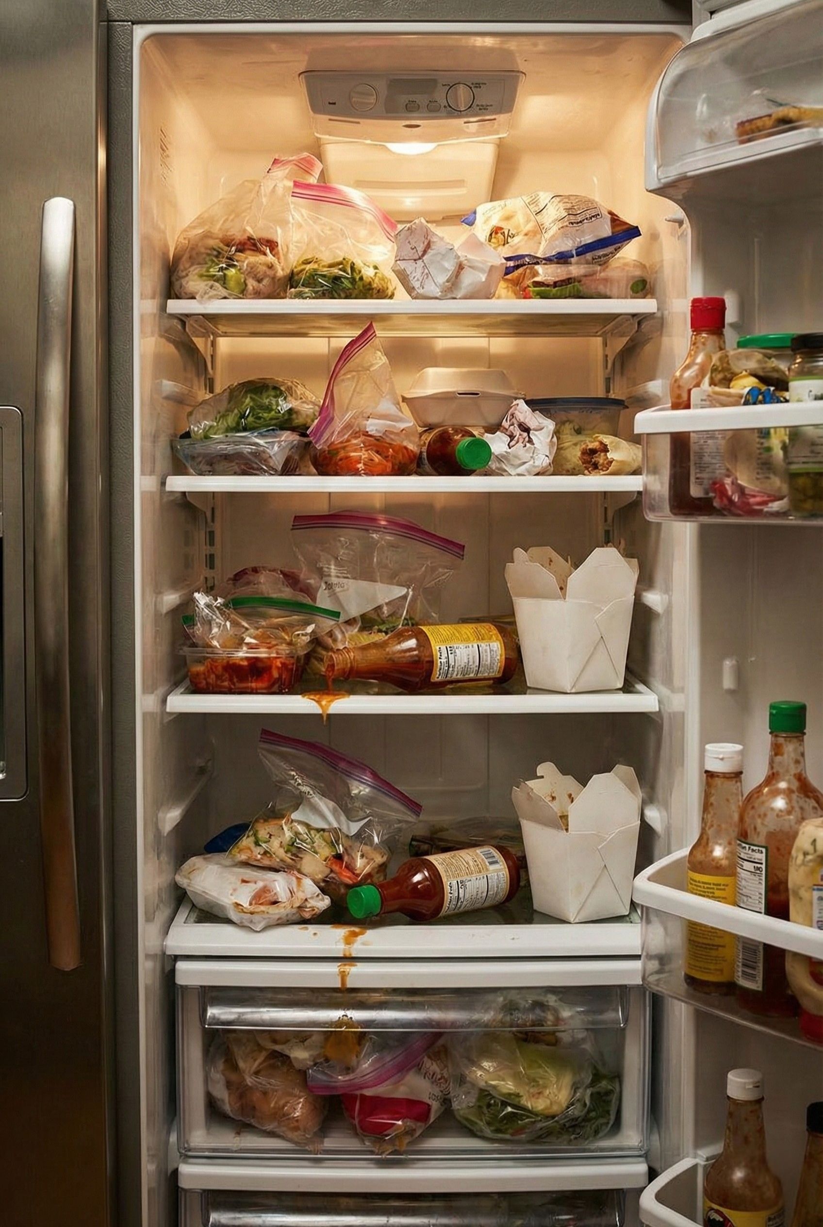 Messy and disorganized refrigerator interior filled with clutter, plastic bags, and takeout boxes before fridge organization makeover.