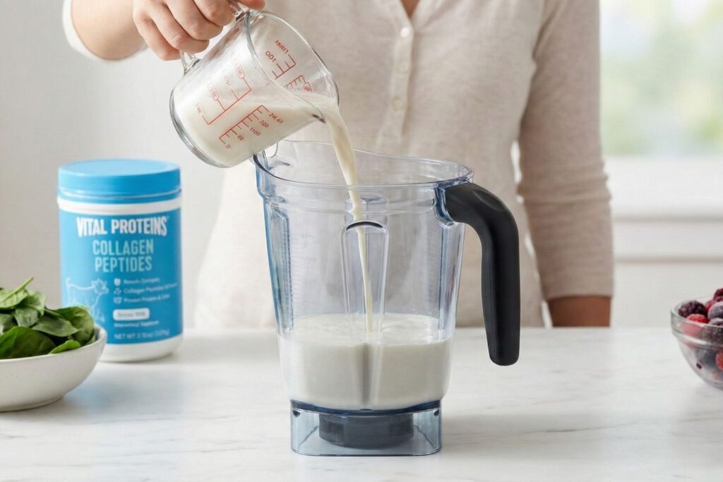Pouring almond milk into a blender pitcher for a high-protein collagen smoothie, with a container of Vital Proteins Collagen Peptides and fresh spinach visible on a white marble kitchen counter.