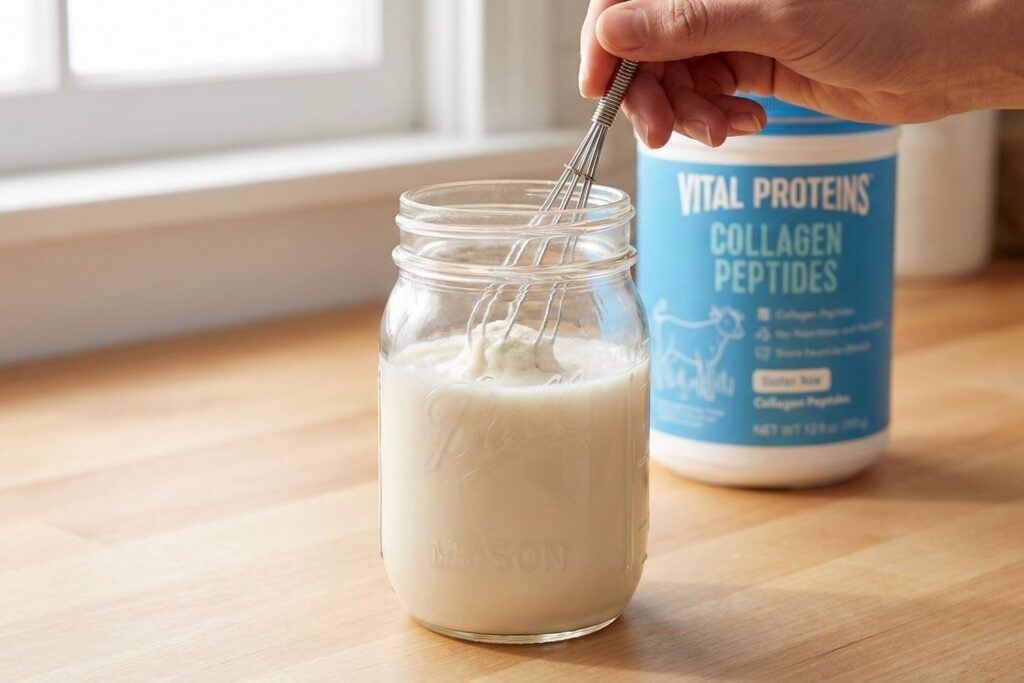 Whisking collagen peptide powder into almond milk in a glass jar to ensure it dissolves completely without clumping before adding other ingredients.
