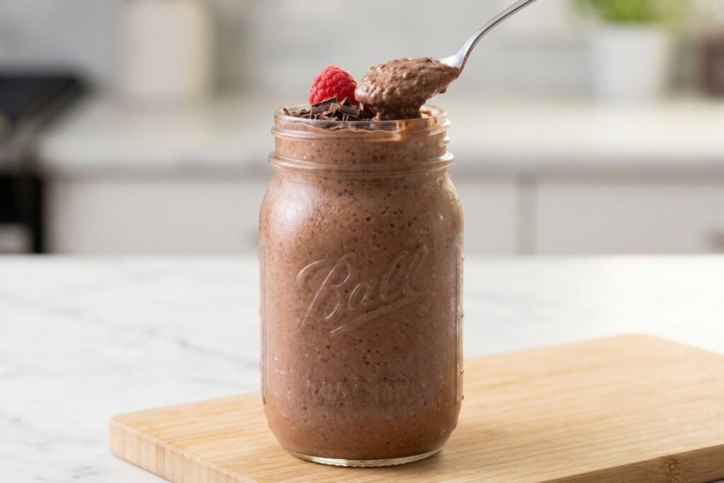 A close-up of the fully set, thick Chocolate Collagen Chia Pudding in a chilled mason jar, topped with fresh raspberries and dark chocolate shavings.