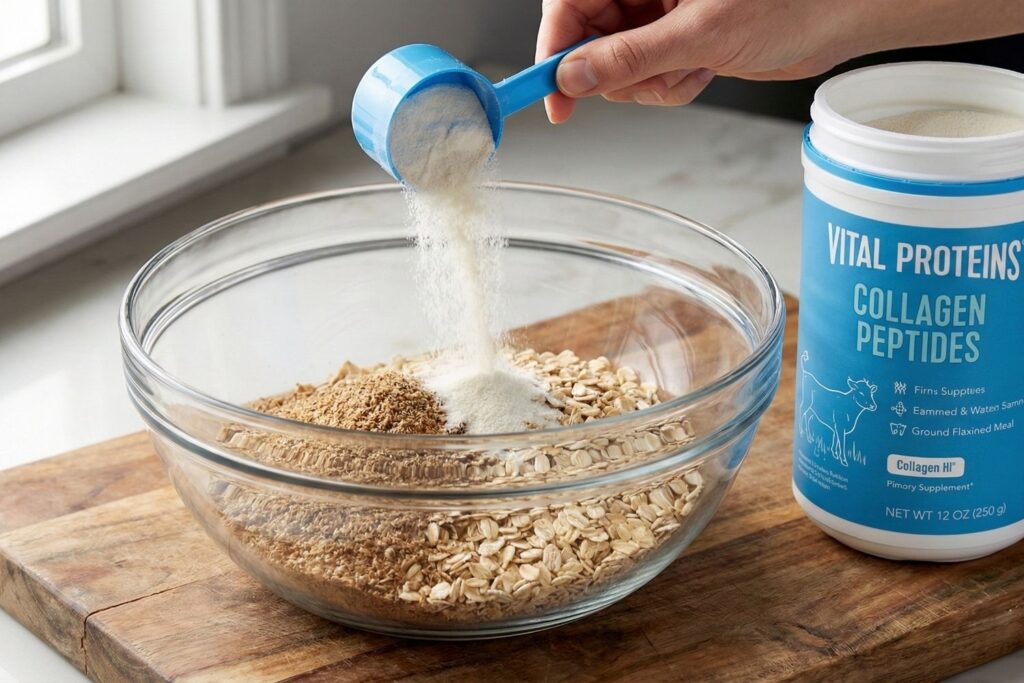 Adding a scoop of Vital Proteins Collagen Peptides to a glass mixing bowl filled with rolled oats and ground flaxseed meal to create a high-fiber, high-protein dry base.