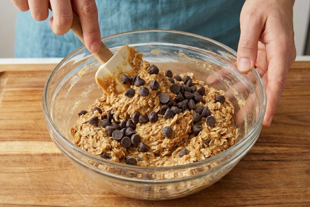 Folding dark chocolate chips into the thick, sticky energy ball dough using a rubber spatula to ensure every bite has chocolate.