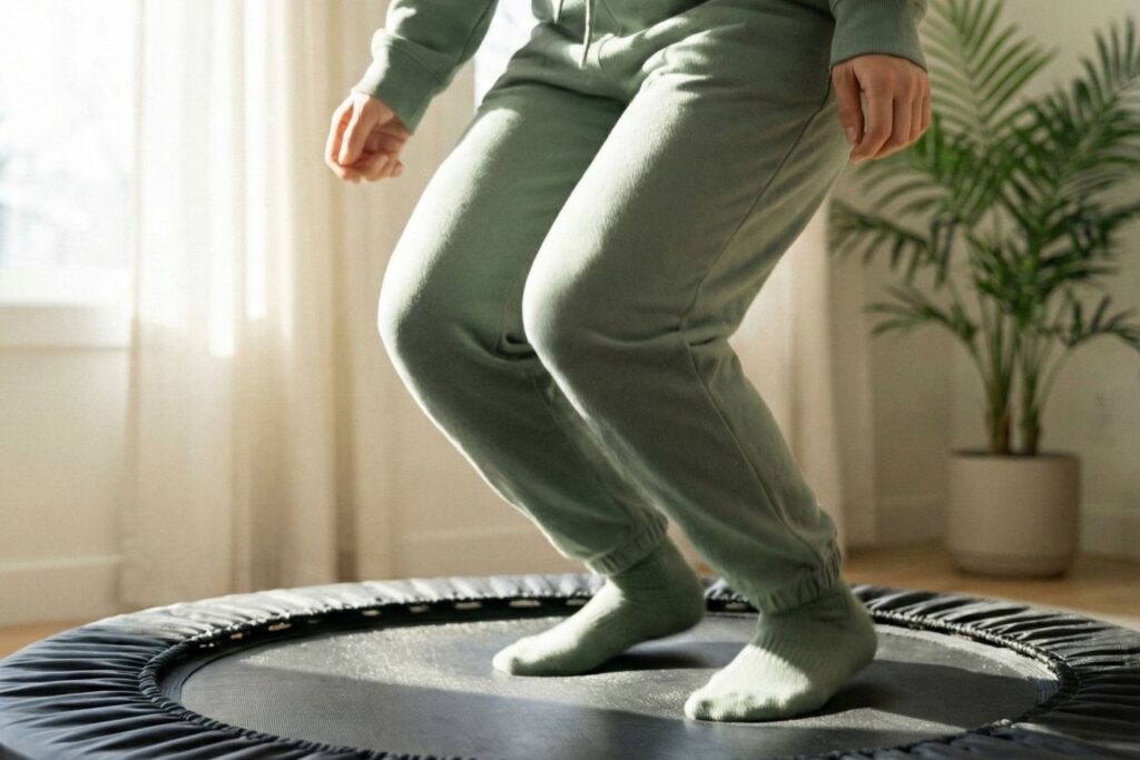 Close-up of woman gently jumping on a mini trampoline (rebounder) to stimulate lymphatic drainage and reduce morning puffiness.
