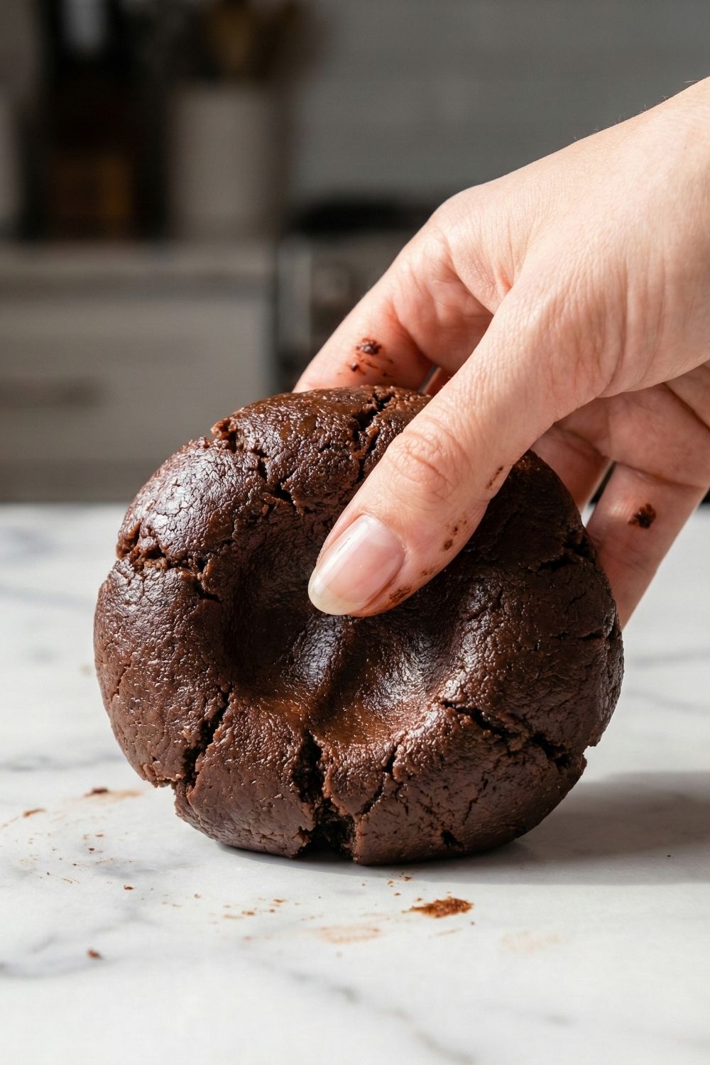 Close-up of a hand pressing an indentation into a ball of dark chocolate gluten-free cookie dough to show a moist, hydrated texture