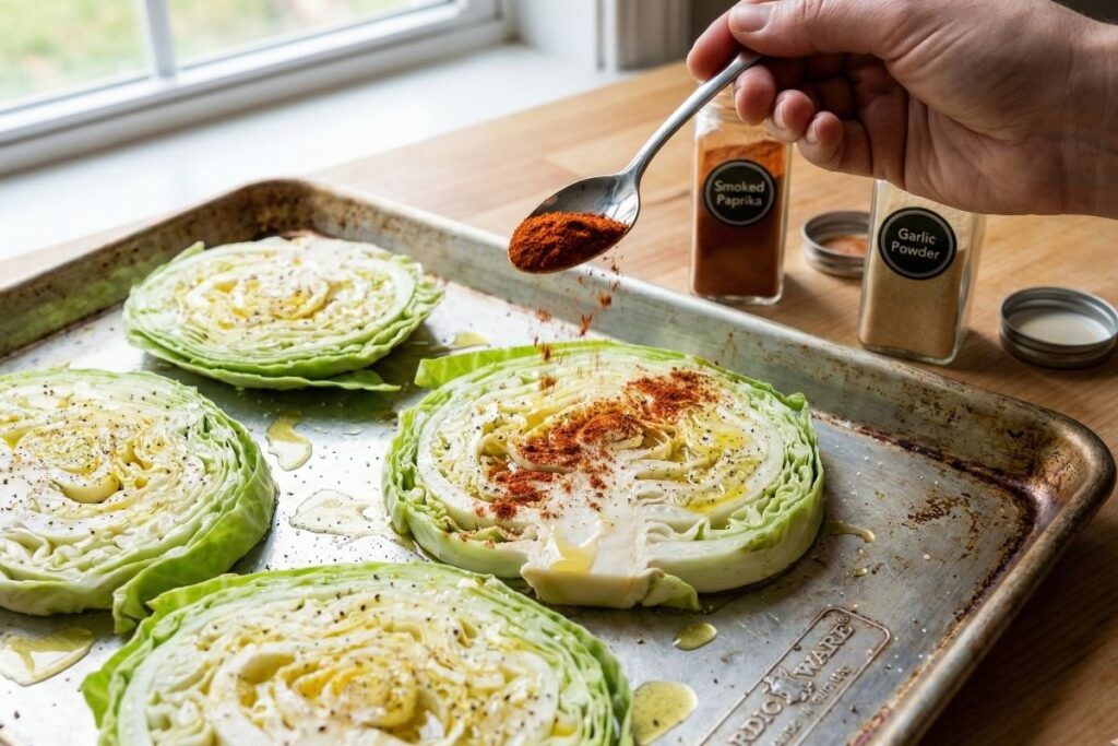 Drizzling olive oil over raw cabbage steaks arranged on a baking sheet, with paprika and garlic powder jars in the background.