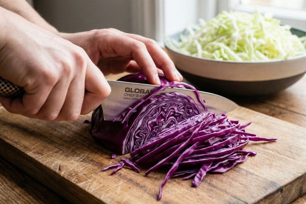 Slicing purple cabbage into thin ribbons with a sharp chef's knife to ensure crunchy salad texture.